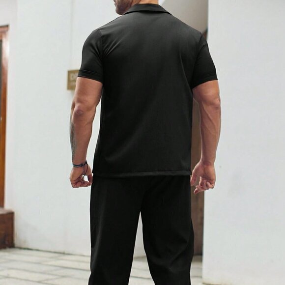 Black Casual Mens Solid Button Up Shirt & Pants - Picture 2 of 5